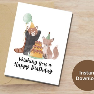Aquarelle mignon Animal anniversaire carte imprimable joyeux anniversaire cadeau pour les amis cadeau pour la famille anniversaire souhaite carte rouge Panda et renard carte