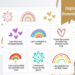 Cartão de autoafirmação para impressão, lembrete diário, baralho de cartas de amor próprio, lei da atração, cartões motivacionais, cartões de positividade do arco-íris para crianças
