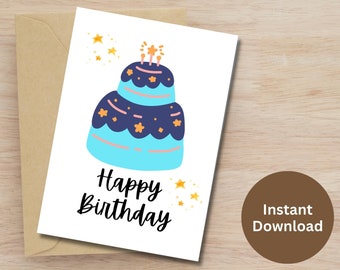 Birthday Printable Card Happy Birthday Gift For Friends Gift for Daughter Birthday Card For Kids Cute Star Birthday Cake Birthday Digital