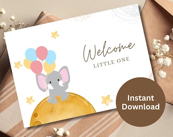 New Baby Congratulations Printable Card Baby Shower Gift Welcome Little One Card New Parents Gift Cute Elephant Card Baby Girl Baby Boy
