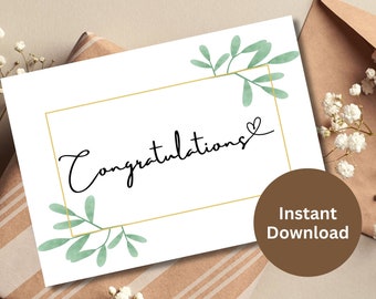 Congratulations Card Printable Simple Elegant Leaves Congrats Greeting Card Wedding Congrats Gift New Job Card Graduation Congrats