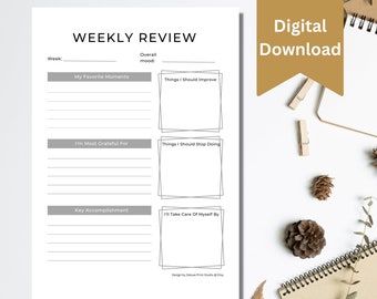 Weekly Review Printable A4 A5 US Letter Weekly Evaluation Weekly Summary Undated weekly PDF Weekly reflection Weekly Planner Productive