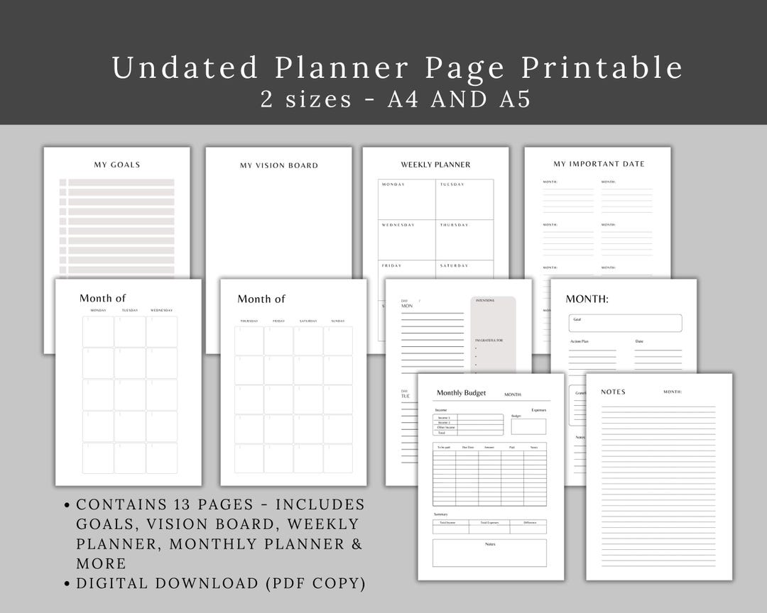 Minimalist Undated Planner Printable: A4 A5 PDF (digital Download) - Etsy