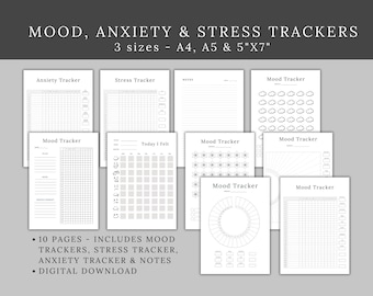 Può includere: Set di tracker stampabili per l'umore, l'ansia e lo stress in tre dimensioni: A4, A5 e 5" x 7". I tracker includono una varietà di design, come una griglia, un cerchio e uno schema di nuvole.