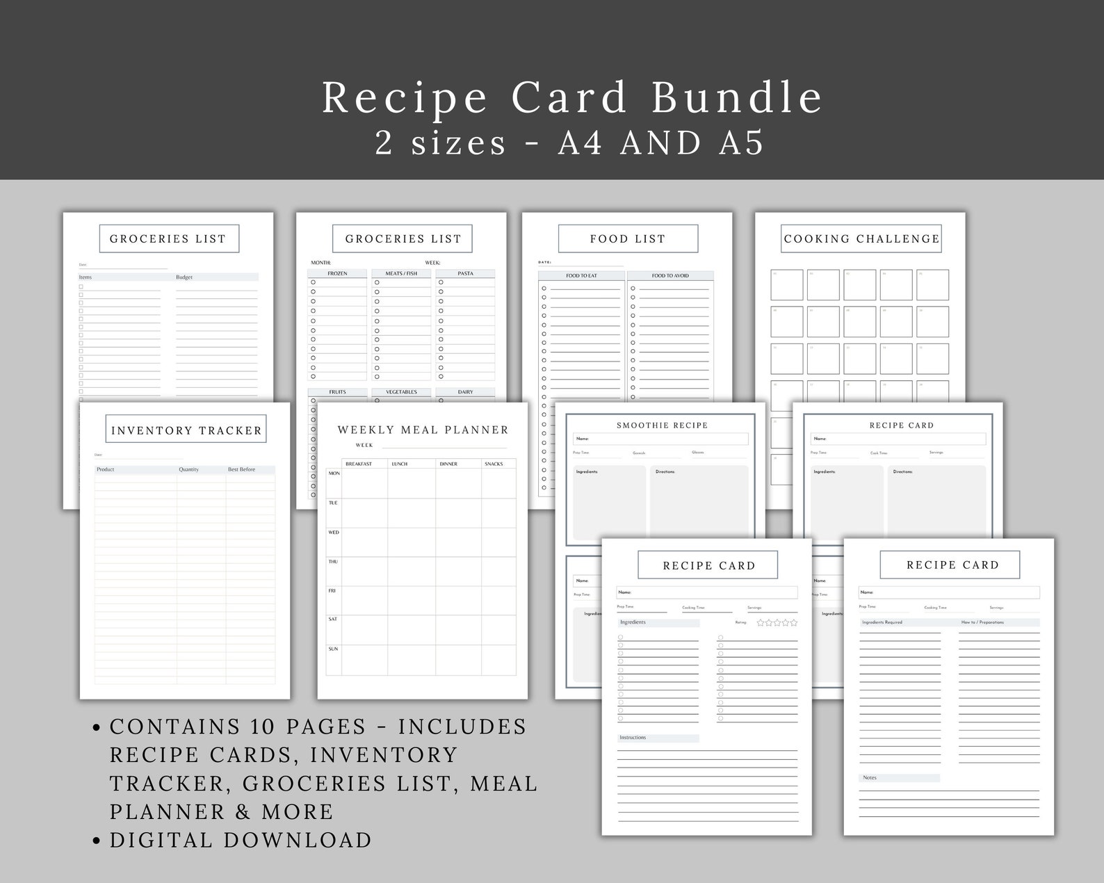 10 Pages Recipe Cards Printable Bundle Groceries List Invetories Tracker Food List Weekly Meal ...