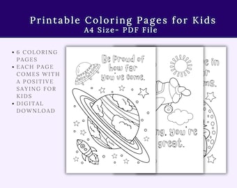 6 Pages Printable Positive Coloring Pages For Kids, Positive Daily Affirmations, Motivational Mental Health Coloring, Classroom Activity