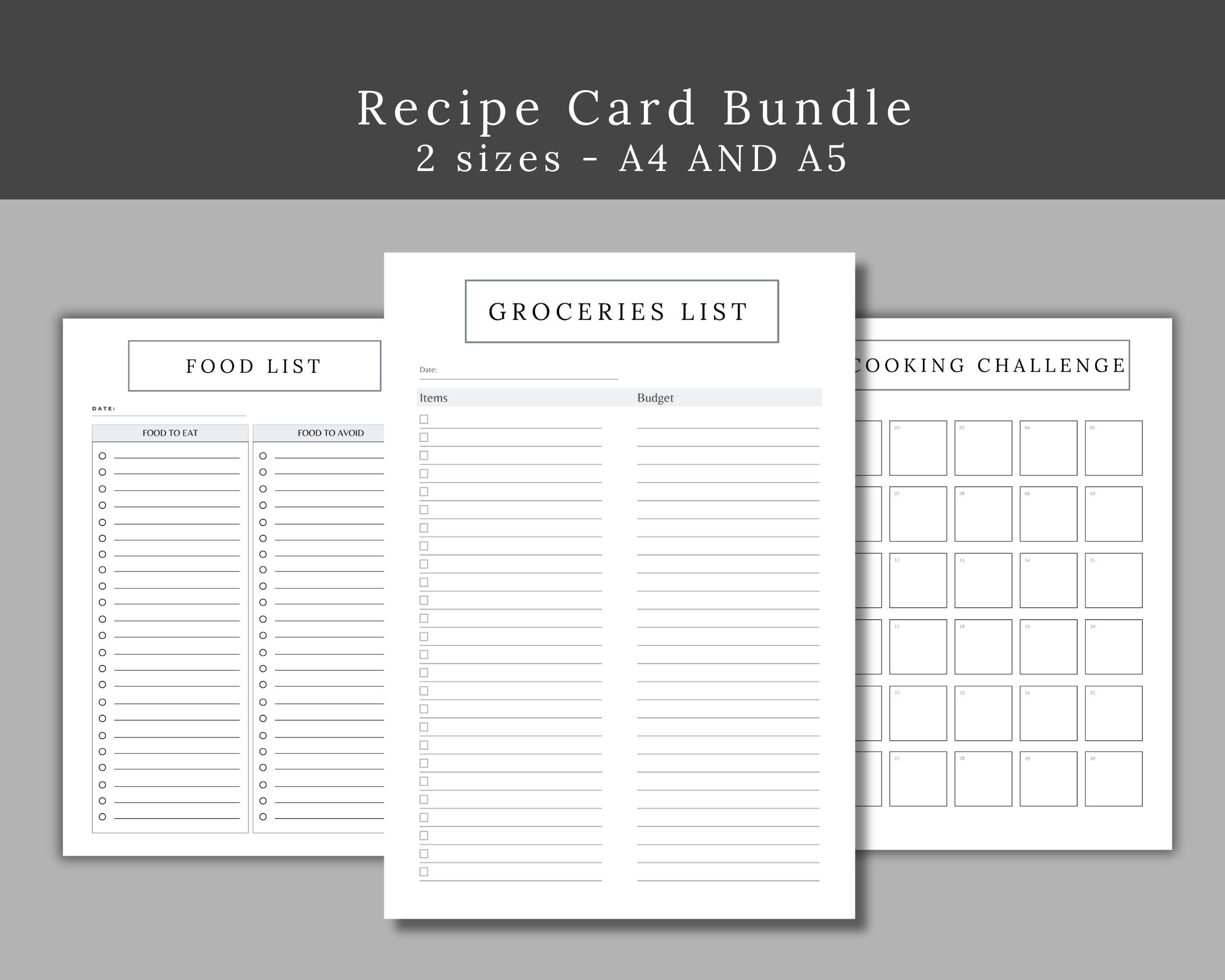 10 Pages Recipe Cards Printable Bundle Groceries List Invetories ...