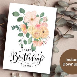 Printable Happy Birthday Card: Pink Watercolor Floral (Digital Download)