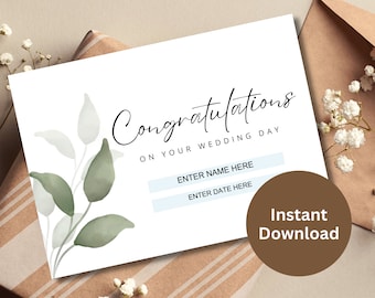 Editable Personalized Wedding Congrats Card Printable Engagement Gift Congratulations Card Simple Greenery Happy Wedding Greeting Card