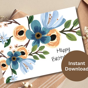 Floral Happy Birthday Card: Elegant Blue Flowers (Digital Download)
