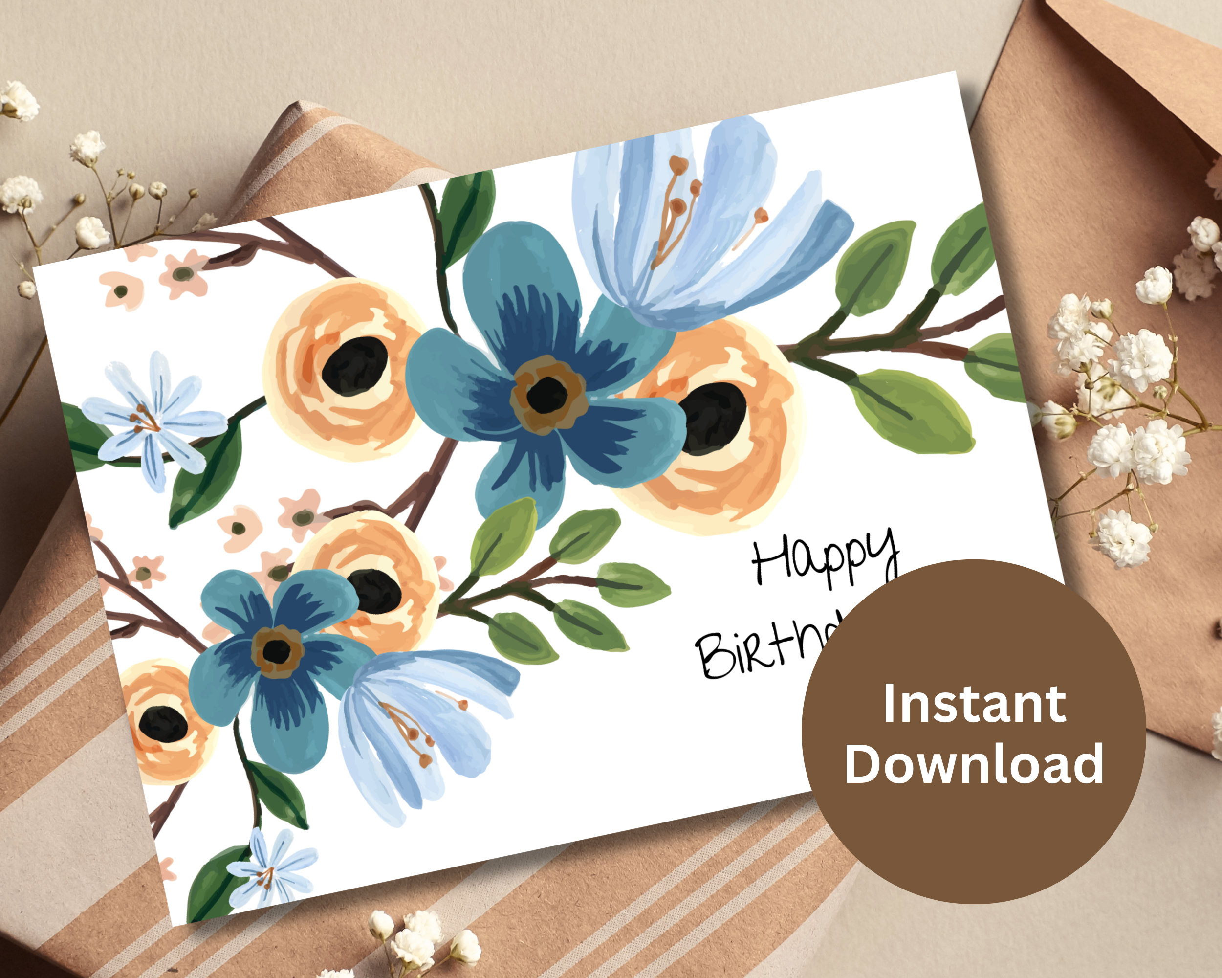 Happy Birthday Floral Card Printable Birthday Gift Digital - Etsy