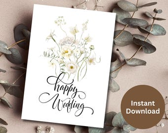 Carte imprimable Joyeux mariage, cadeau de fiançailles, carte de félicitations, carte de voeux de mariage floral aquarelle, carte de félicitations imprimable pour les nouveaux mariés