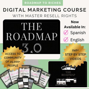 Può includere: Un corso di marketing digitale chiamato "The Roadmap 3.0" con accesso a una community di oltre 25.000 persone. Il corso include oltre 240 video passo dopo passo ed è disponibile in spagnolo e inglese.