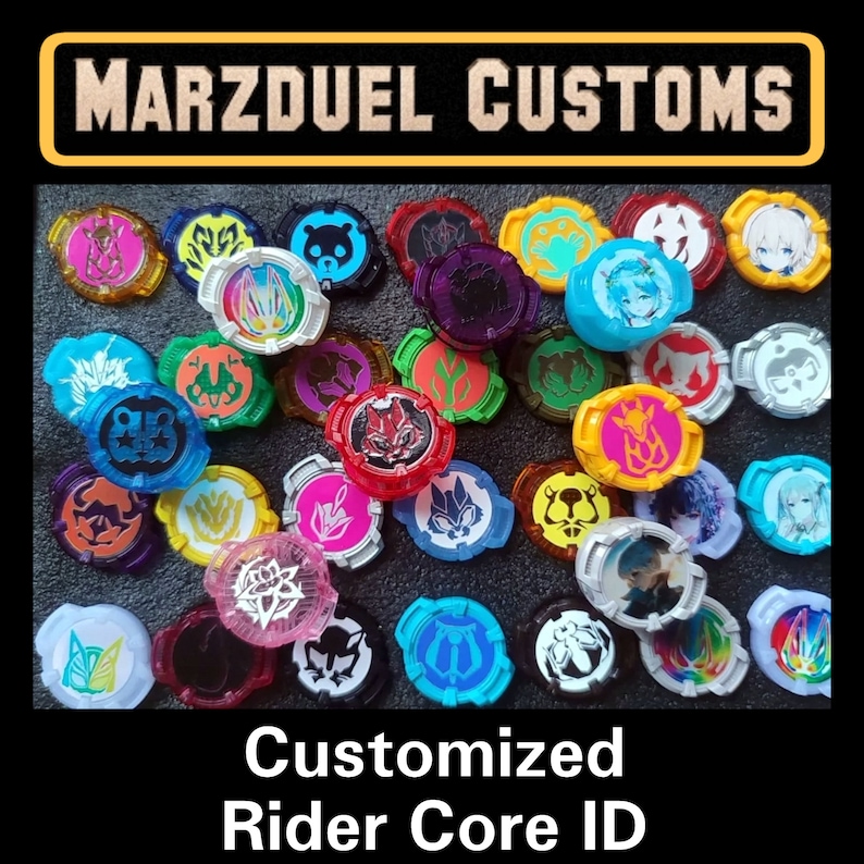 May include: A collection of colorful, round, plastic toys with various designs and images. The toys are arranged on a black surface. The text "MARZDUEL CUSTOMS" is at the top of the image. The text "Customized Rider Core ID" is at the bottom of the image.