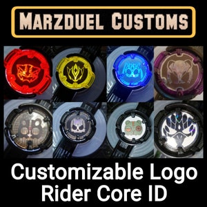 May include: A customizable Rider Core ID with different logo options. The logos are displayed on a black and silver background. The logos include a red and black wolf, a yellow and black eye, a blue and black spider, a purple and brown bat, a black and white skull, a green and white frog, and a black and white tree.