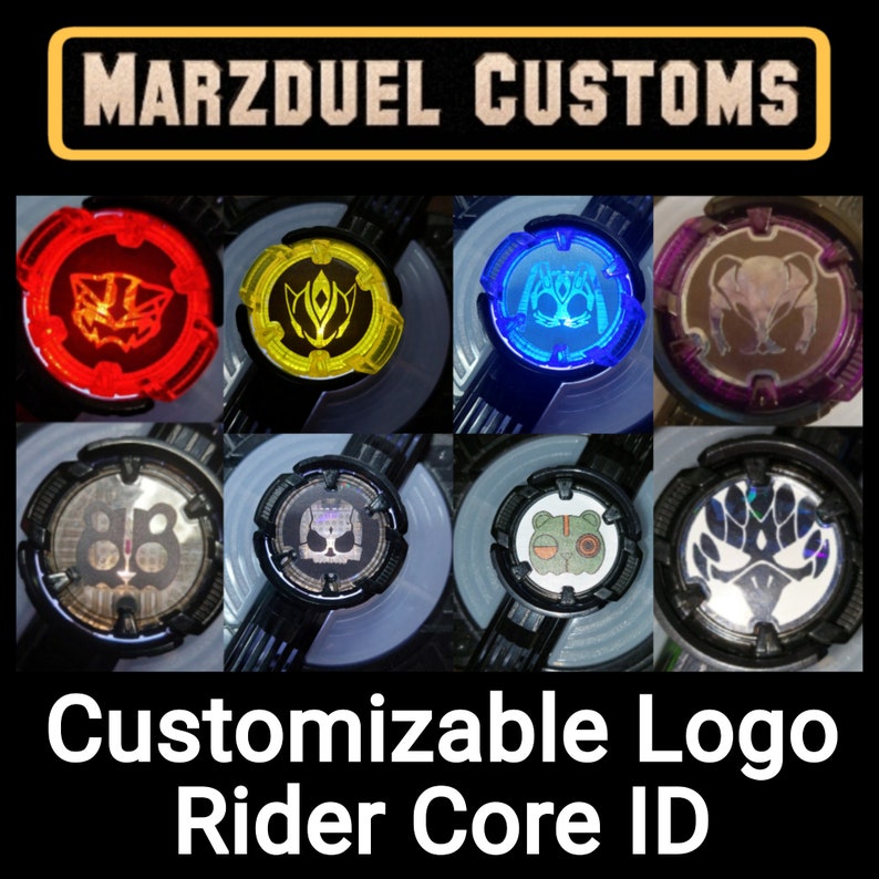 May include: A customizable Rider Core ID with different logo options. The logos are displayed on a black and silver background. The logos include a red and black wolf, a yellow and black eye, a blue and black spider, a purple and brown bat, a black and white skull, a green and white frog, and a black and white tree.