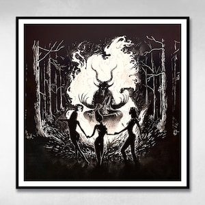 May include: A black and white illustration of a horned demon sitting in a fire surrounded by three women in a forest.