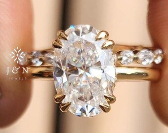 Oval Moissanite Bridal Set 14K Gold Hidden Halo Engagement Ring Set Solitaire Wedding Ring Set Vintage Inspired Gift for Her