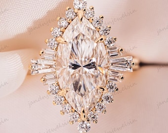 2.5CT Marquise Cut Moissanite Engagement Ring 14K Gold Starburst Halo Ring Vintage Baguette Cluster Bridal Ring Wedding Anniversary Gift