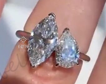Marquise and Pear Cut Moissanite Toi et Moi Engagement Ring 14K Gold Unique Two Stone Bypass Ring Bridal Anniversary Ring Christmas Gift