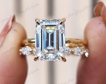 3CT Emerald Cut Moissanite Engagement Ring Set Yellow Gold Marquise Band Unique Double Claws Hidden Halo Bridal Set Wedding Ring Set 2PCS