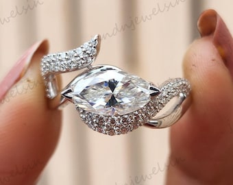 2CT Marquise Cut Moissanite Engagement Ring 14K Solid Gold Swirl Pave Statement Cocktail Ring Unique Wedding Ring for Her
