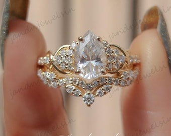2CT Pear Moissanite Engagement Ring Set 14K Gold Ring Bridal Set Nature Inspired Floral Wedding Ring Unique Promise Ring Anniversary Gifts