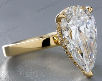 3CT Pear Cut Moissanite Engagement Ring Vintage Hidden Halo Solitaire Ring 2.5mm Wedding Band Anniversary Ring for Women