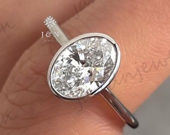 Bezel Set Oval Engagement Ring Oval Cut Moissanite Ring Solid Gold Wedding Ring Oval Solitaire Diamond Ring Anniversary Ring For Women