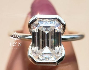 2CT Emerald Cut Engagement Ring Half Bezel Set Colorless Moissanite Diamond Ring Solitaire Solid Gold Wedding Ring Anniversary Ring For Her