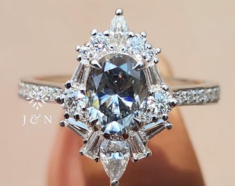 Starburst Art Deco Ring Gray Oval Cut Colorless Moissanite Engagement Ring Edwardian Ring Halo Wedding Ring 14K Solid Gold Vintage Ring