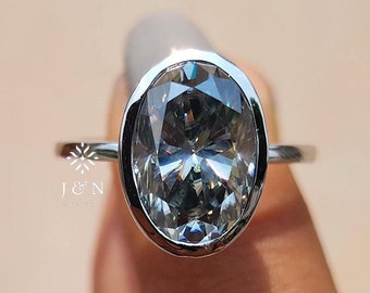 3CT Gray Oval Moissanite Engagement Ring 14K White Gold Bezel Set Ring Vintage Ring Unique Anniversary Gift Wedding Ring For Women