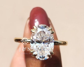 Oval Moissanite Engagement Ring Hidden Halo 14K Gold Solitaire Ring Personalized GA Initial Wedding Band Personalized Promise Ring for Her