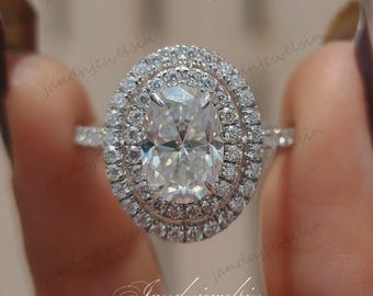 2.5CT Oval Halo Moissanite Engagement Ring Double Halo Ring Oval Cut Moissanite Ring Promise Ring Wedding Ring 14K White Gold Ring for Women