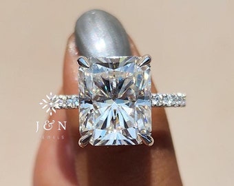 5CT Radiant Cut Moissanite Engagement Ring 14K Solid Gold Pave Set Side Stone Ring Hidden Halo wedding Ring Solitaire Ring Anniversary Gift