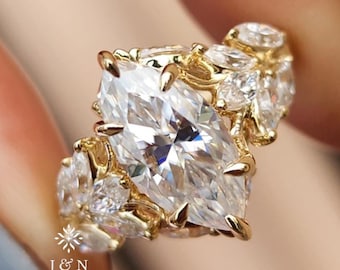 Floral Marquise Cut Moissanite Engagement Ring Vintage 14K Gold Moissanite Diamond Wedding Ring Nature Inspire Ring Promise Ring For Women