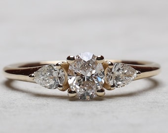 Three Stone Diamond Engagement Ring Pear Cut Side Stones 14k Gold Bridal Ring Unique Engagement Ring Classic Wedding Jewelry Gift for Her