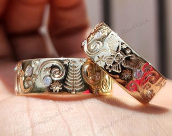 Art Deco 14K Solid Yellow Gold Wedding Band Flash Setting Moissanite Ring Classic Designer Band Stackable Rings Matching Band Rings For Him