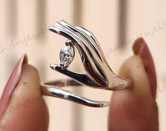 Hand Holding Moissanite Diamond Ring Unique Marquise Cut Engagement Ring 14k Gold Ring Statement Ring Open Band Gift for Her Wedding Ring