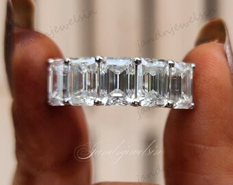 Emerald Cut Moissanite Five Stone Band 14K Solid Yellow Gold Wedding Matching Ring Stacking Band Engagement Band Gift For Her
