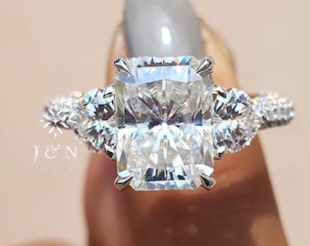 4CT Radiant Cut Moissanite Engagement Ring Radiant Cut Three Side Pave Wedding Ring Unique Hidden Halo Stackable Proposal Ring For Her