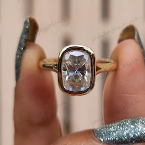 2CT Elongated Cushion Cut Simulated Engagement Ring Bezel Set Wedding Ring 14K Solid Gold Solitaire Ring Anniversary Gift For women