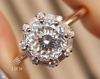 Unique Style Engagement Ring 3CT Portuguese Cut Moissanite Ring Baguette and Round Halo Ring Wedding Ring Anniversary Gift For Her