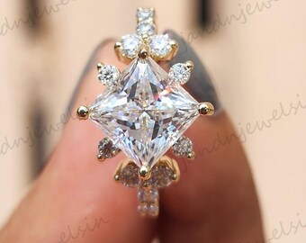 Princess Cut Moissanite Engagement Ring Floral Cluster Pave Band Hidden Halo 14k Gold Ring Vintage Bridal Jewelry Wedding Anniversary Gifts