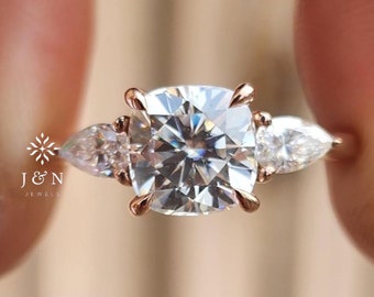 Three Stone Cushion Cut Moissanite Engagement Ring Side Stone Pear Cut Ring 14k Gold Ring Wedding Ring Anniversary Ring Promise Ring