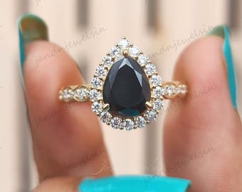 Pear Cut Black Diamond Moissanite Engagement Ring 14K Gold Halo Ring Vintage Style Unique Bridal Ring Wedding Ring Teardrop Anniversary Gift