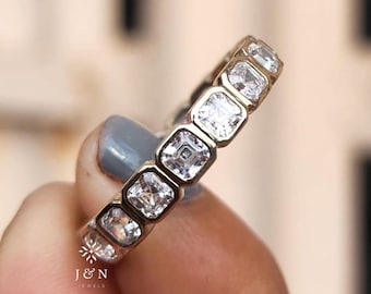 Asscher Cut Moissanite Full Eternity Band Classic Bezel Set Engagement Band 14k Yellow Gold Stacked Band For Women Anniversary Gift's