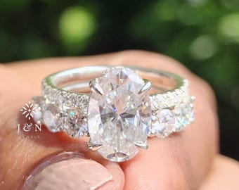 Oval Cut Moissanite Ring Set Bridal Wedding Ring White Gold Engagement Ring Double Band Ring Anniversary Gift for Her Sparkling Promise Ring
