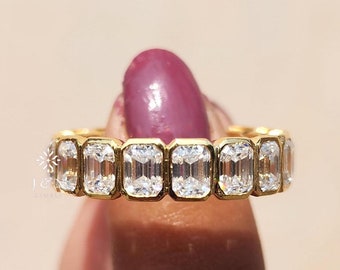 Bezel Set Full Eternity Band Emerald Cut Moissanite Engagement Band 14K Solid Yellow Gold Band Minimalist Wedding Stackable Band For Women