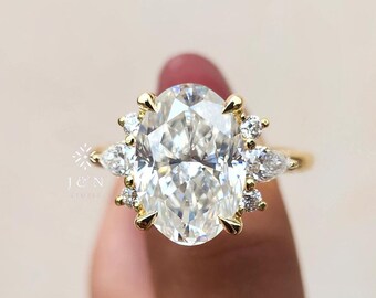 Oval Moissanite Cluster Engagement Ring 14K Yellow Gold Statement Ring Marquise & Round Side Stones Unique Vintage Wedding Ring For Her